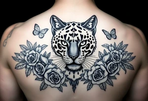 Elegant majestic feline surrounded by rose ornaments and butterflies tattoo idea