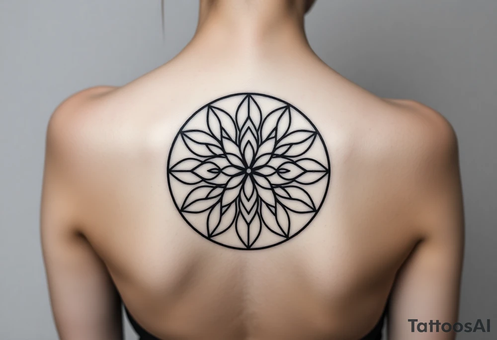 A symmetrical Flower of Life with hexagonal crystal details in round cyrcle, enhancing its sacred geometric nature. tattoo idea