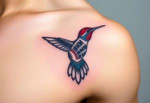 A hummingbird made of sand and hieroglyphs(only red , blue and black are possible colors) tattoo idea