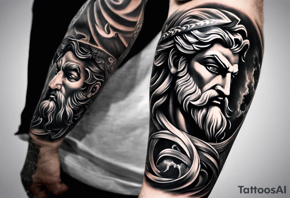 Full left arm tattoo sleeve with the Greek gods, Zeus, Poseidon and Hades. Zeus' face is at the left shoulder, Poseidon's  face is at the left upper arm and Hades' face is at the left forearm. tattoo idea