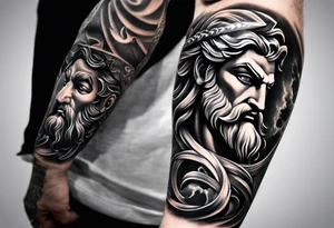 Full left arm tattoo sleeve with the Greek gods, Zeus, Poseidon and Hades. Zeus' face is at the left shoulder, Poseidon's  face is at the left upper arm and Hades' face is at the left forearm. tattoo idea