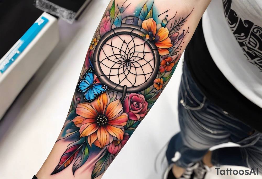 arm sleeve with dreamcatcher, rainbow flowers and one butterfly tattoo idea