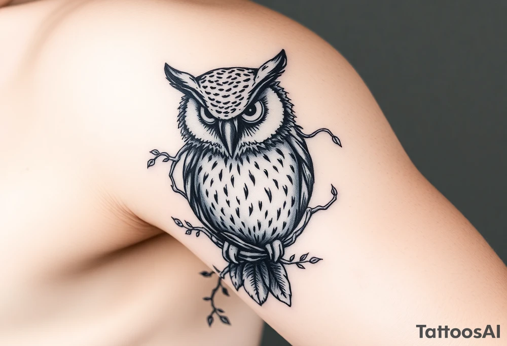 wise owl  with vine crawling and wrapping around the owl to where you can only see owls one eye peeking through tattoo idea