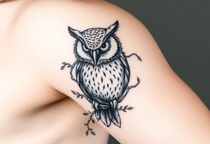 wise owl  with vine crawling and wrapping around the owl to where you can only see owls one eye peeking through tattoo idea