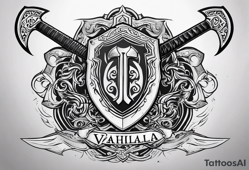 Valhalla sword shield axe 
stairs fog tattoo idea