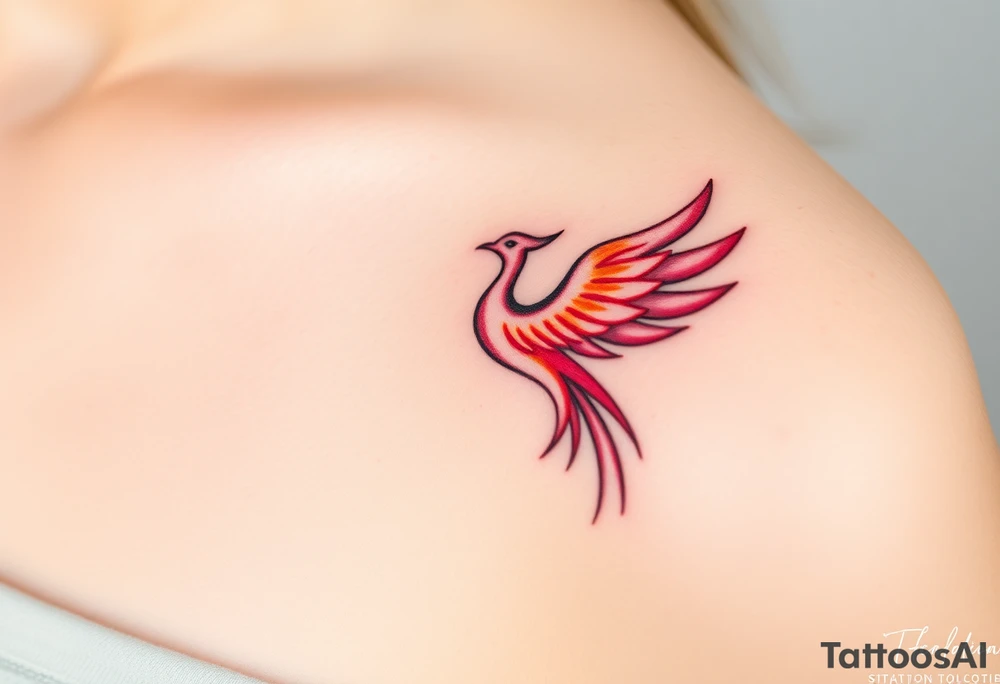 Phoenix rising from the ashes with the colors red, pink, orange and purple. Size 3 cm wide and 5 cm high tattoo idea