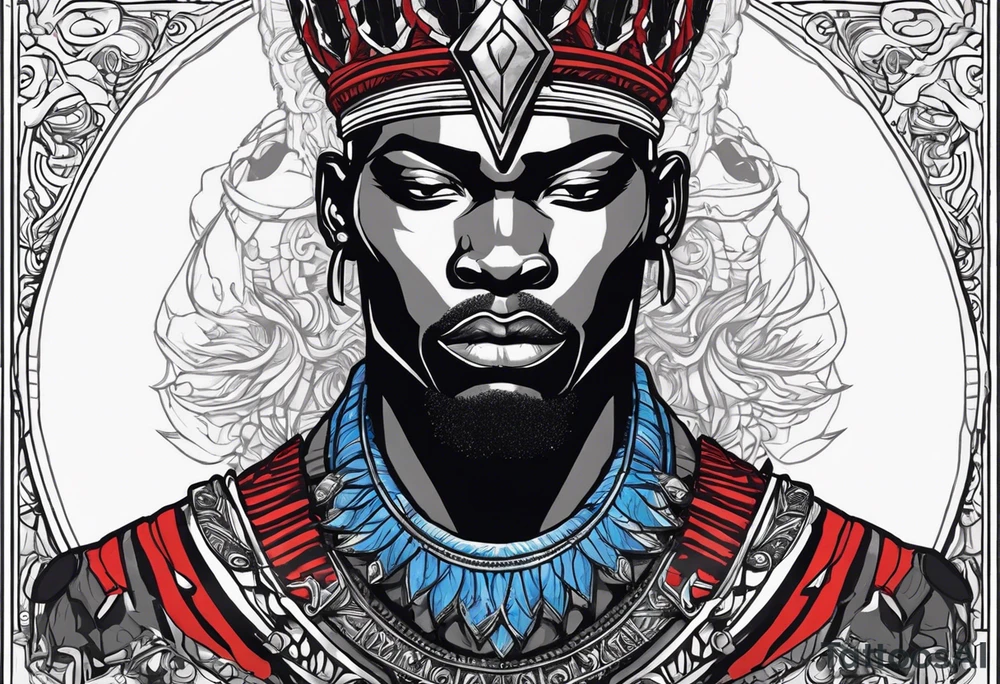 An african god, a bald black-skinned warrior, that uses a sword and a silver crown. He also uses blue and red necklaces tattoo idea