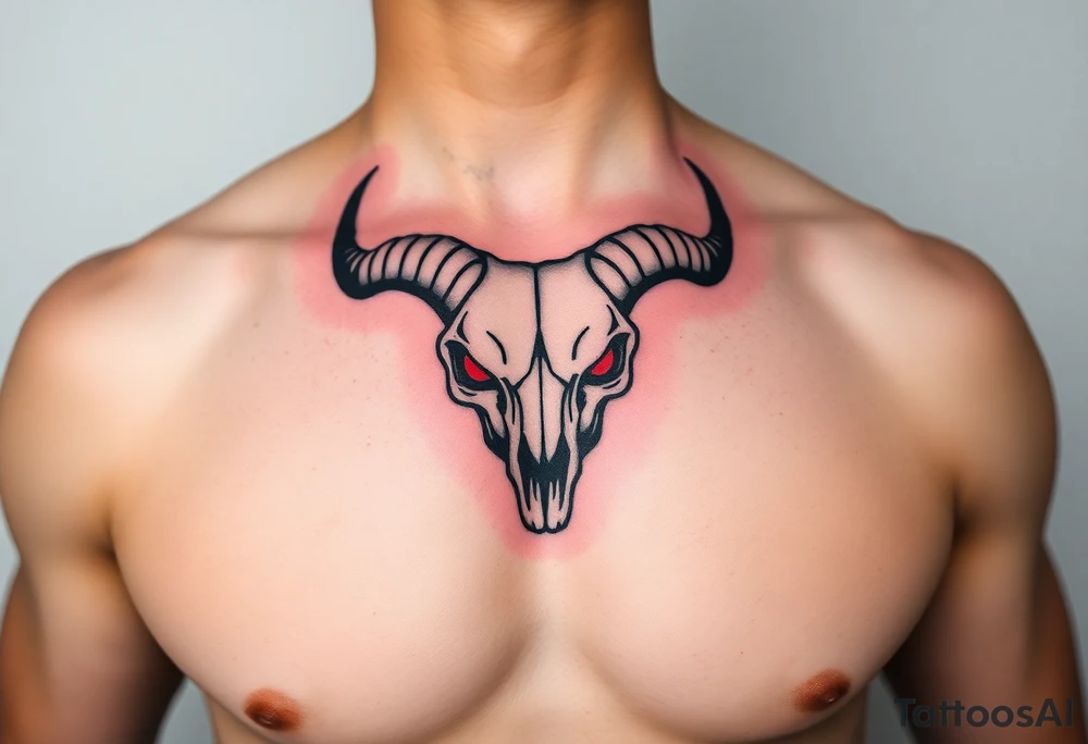 Evil Abstract looking taurus skull chest tattoo with red eyes tattoo idea