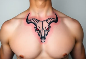 Evil Abstract looking taurus skull chest tattoo with red eyes tattoo idea