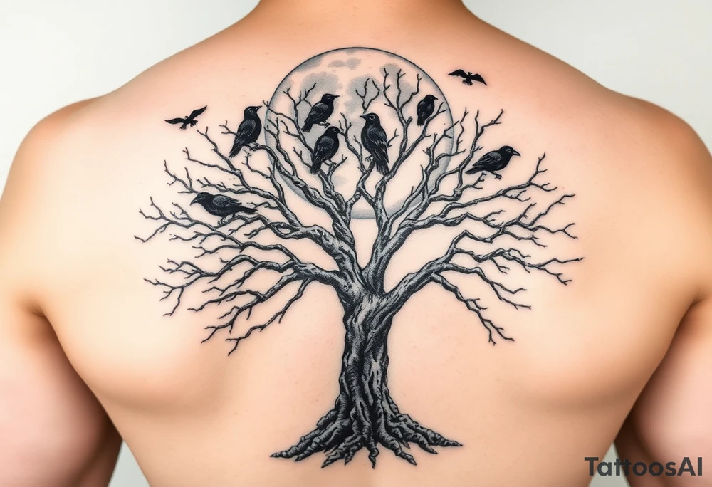 A very realistic, large tree of life that is bare with lots of crows above it a moon that’s large behind the whole thing and two Viking hatches that would go across my shoulder blades. This is a backpiece. tattoo idea