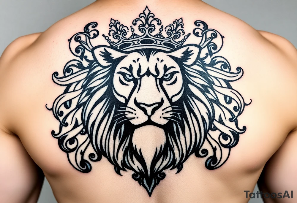 majestic lion wearing ornate crown, surrounded by baroque flourishes yin and yang tattoo idea