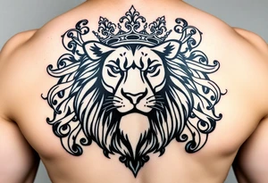 majestic lion wearing ornate crown, surrounded by baroque flourishes yin and yang tattoo idea