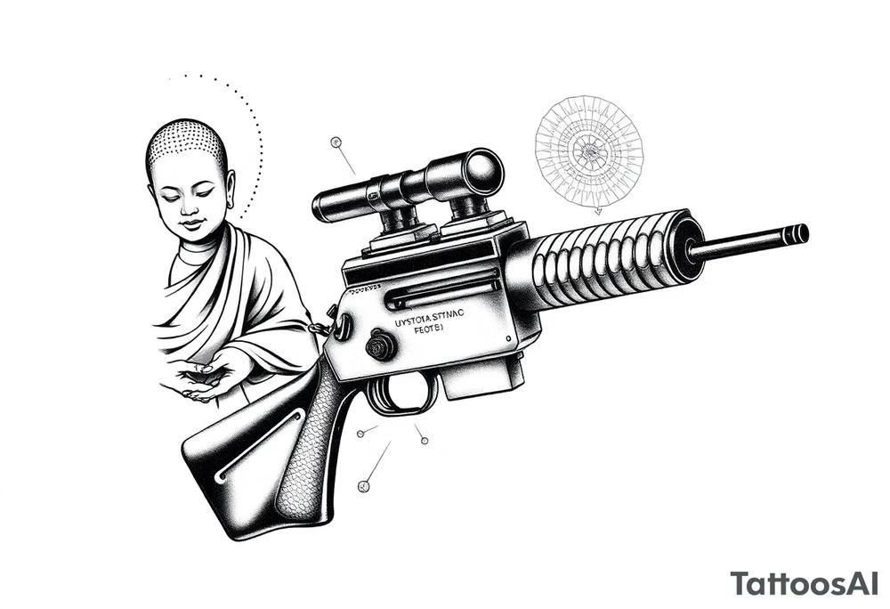 "Black ink tattoo fusing war and enlightenment:  
1. LEFT SIDE: Hyper-detailed Buddhist monk in lotus pose (dotwork shading)  
2. RIGHT SIDE: Maxim M1910 machine gun (geometric outline)  
3. TRANSITION ZONE:  
   - Monk's robes dissolve into bullet belts  
   - Prayer beads become ammunition links  
   - Third eye aligns with gun sights  

Key details:  
- Mirror embedded in gun's scope (reflects wearer's eye)  
- Micro-text along barrel: *"Пустота стреляет"* (0.3mm font)  
- Mandala-shaped muzzle flash  

Style: Neo-tribal meets ukiyo-e. Size: 15cm forearm sleeve. No colors." tattoo idea