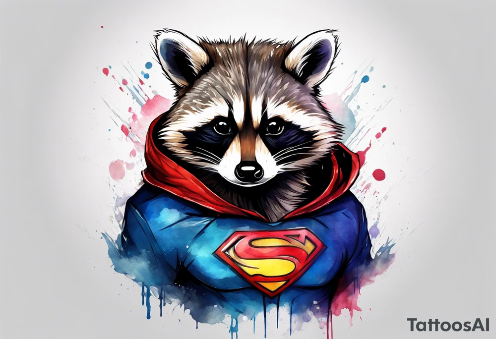 raccoon wearing a Superman hoodie tattoo idea