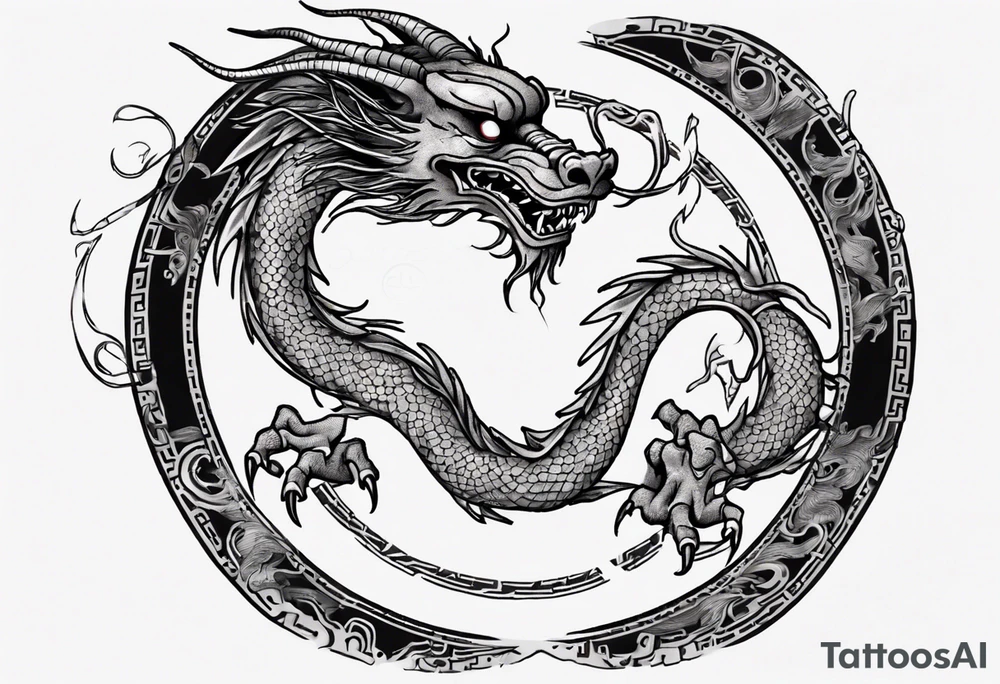 Chinese dragon in a circular shape with "02.03" written on its skin tattoo idea