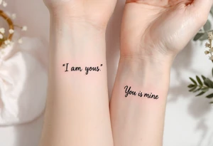 “I am yours” in soft gray on her wrist and “You are mine” in black on his neck symbolize mutual belonging. tattoo idea