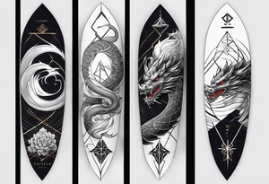 Full sleeve Tatoo that contains these elements 
Katana
Dragon
Samurai
Galaxy
Geometry ( like the golden ratio, lines, etc)
Waves
Sakura tattoo idea