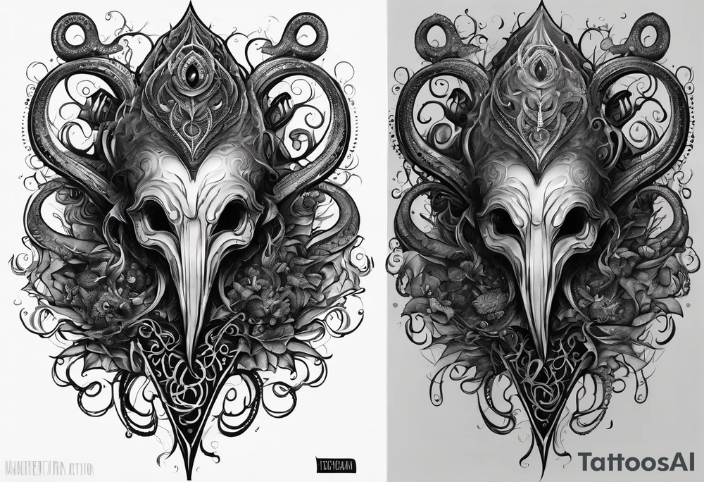 Long tattoo for forearm. Lovecraftian creature, with technological elements. Tentacles protect a heart. tattoo idea