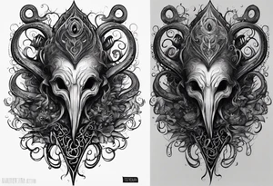 Long tattoo for forearm. Lovecraftian creature, with technological elements. Tentacles protect a heart. tattoo idea
