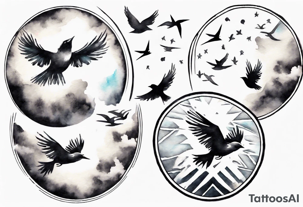 shoulder tattoo with light rays with birds flying free among the clouds, round shape, 3d effect tattoo idea shoulder tattoo with light rays with birds flying free among the clouds, round shape, 3d effect tattoo idea