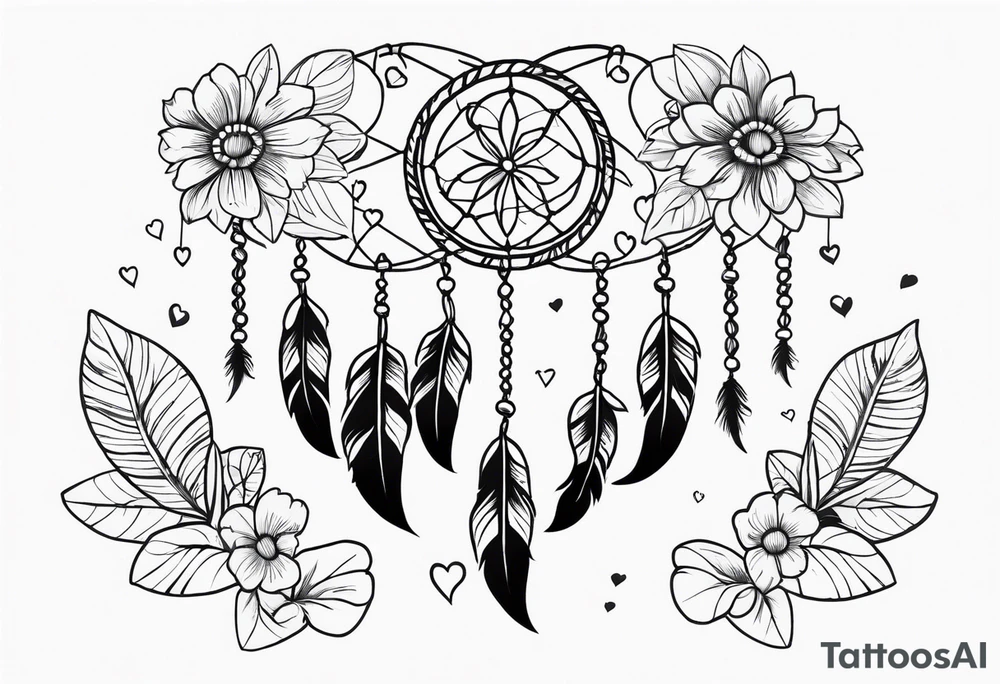 Dream catcher with hearts and flowers tattoo idea