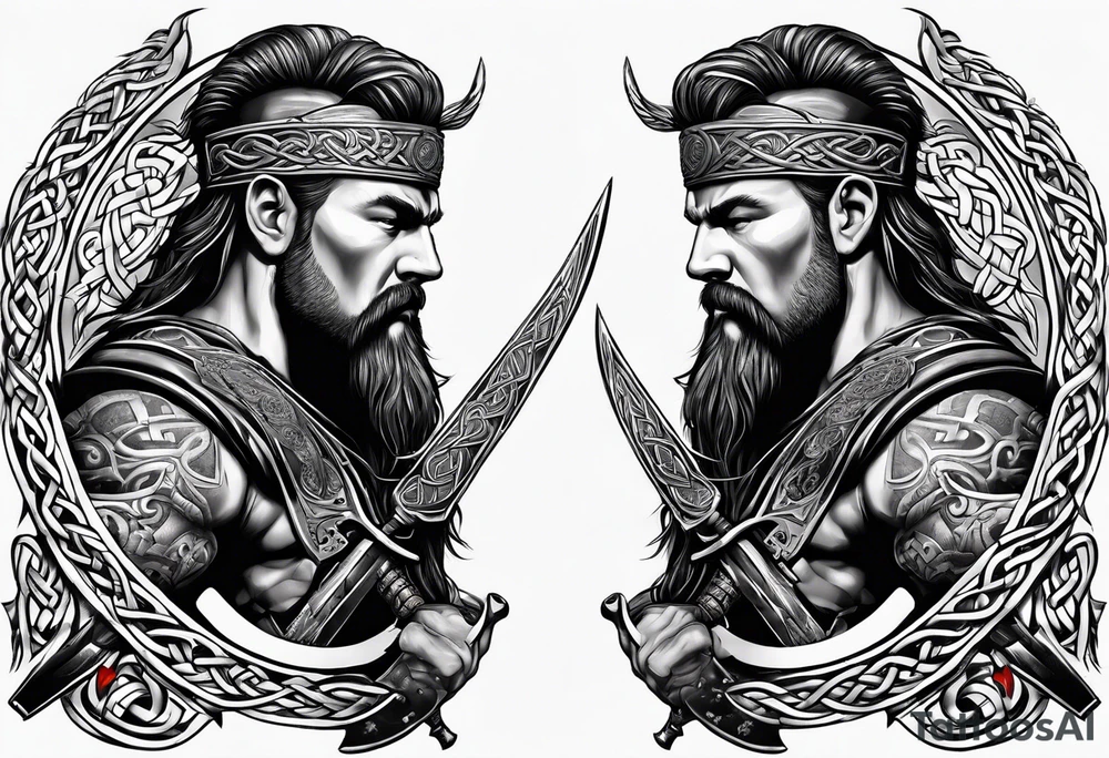 Side profile full body of a Celtic warrior with weapons tattoo idea