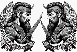 Side profile full body of a Celtic warrior with weapons tattoo idea