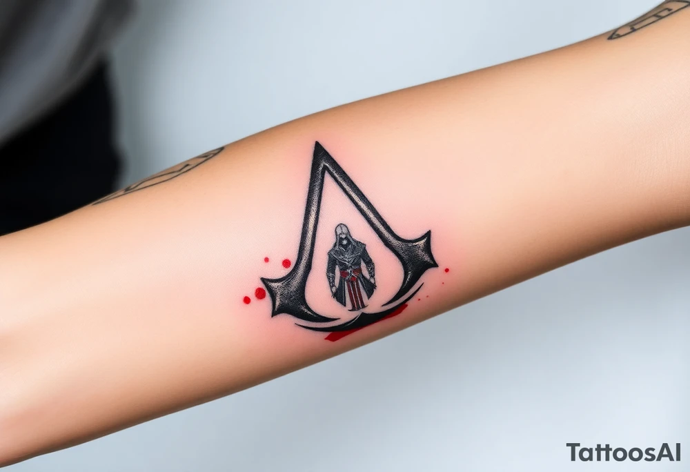 Assassins Creed emblem with Ezio character and blood splashes incorporated into logo. tattoo idea
