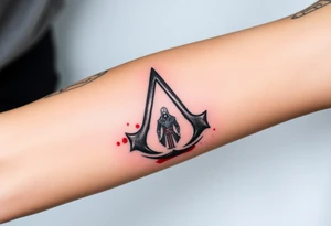 Assassins Creed emblem with Ezio character and blood splashes incorporated into logo. tattoo idea