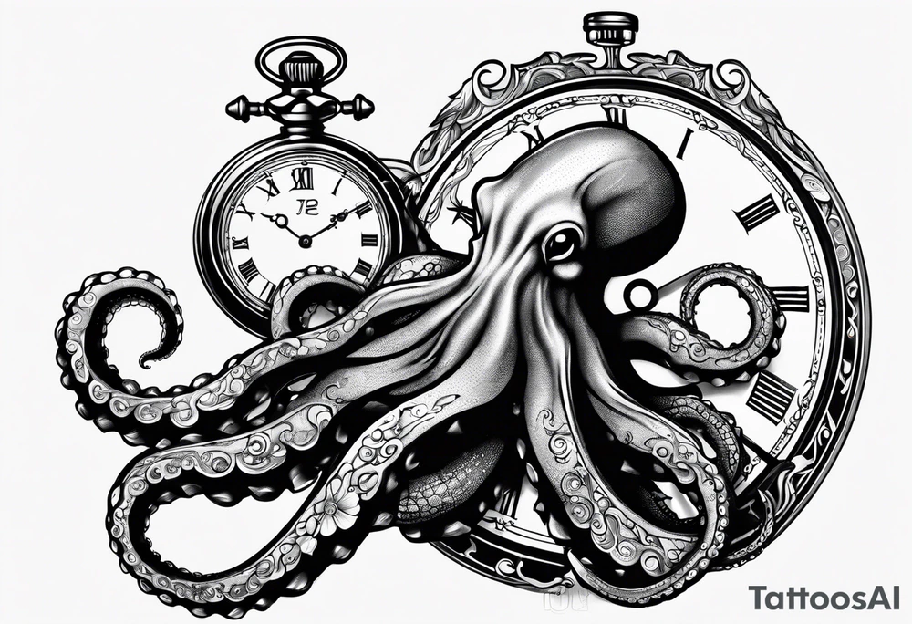 to be drawn in the arm, pocket watch wrapped under an aggressive octopus in side view tattoo idea