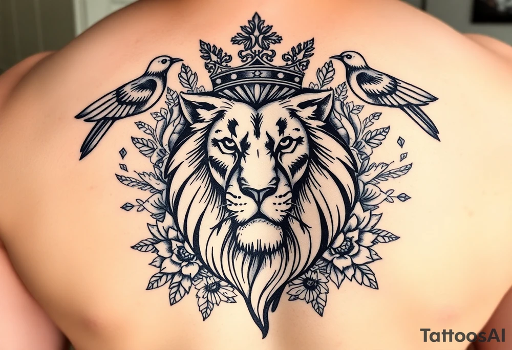 powerful majestic lion with a crown, surrounded by floral ornaments and birds tattoo idea