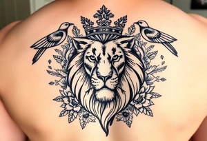 powerful majestic lion with a crown, surrounded by floral ornaments and birds tattoo idea