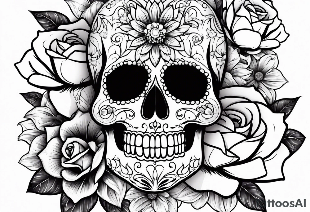 Sugar skull with roses daisies and water lilies for half sleeve tattoo idea