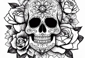 Sugar skull with roses daisies and water lilies for half sleeve tattoo idea