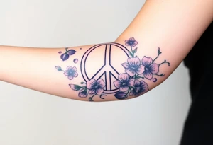 peace symbol intertwined with violets Pisces symbol, dog prints, amethyst, initials csb in cursive font tattoo idea