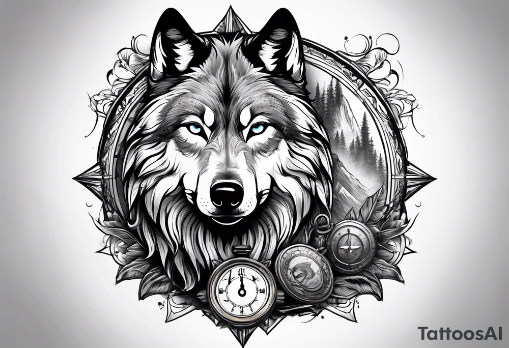 Wolf over toddle face with compass tattoo idea