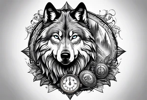 Wolf over toddle face with compass tattoo idea