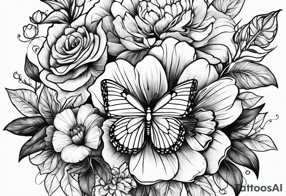 Flowers with "Ruby" and butterflies around it tattoo idea