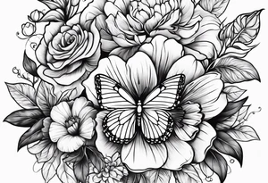 Flowers with "Ruby" and butterflies around it tattoo idea