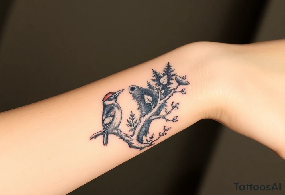 Realistic Woodland with a bear, woodpecker and cardinal tattoo idea