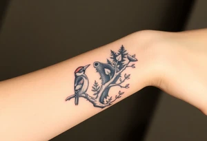 Realistic Woodland with a bear, woodpecker and cardinal tattoo idea