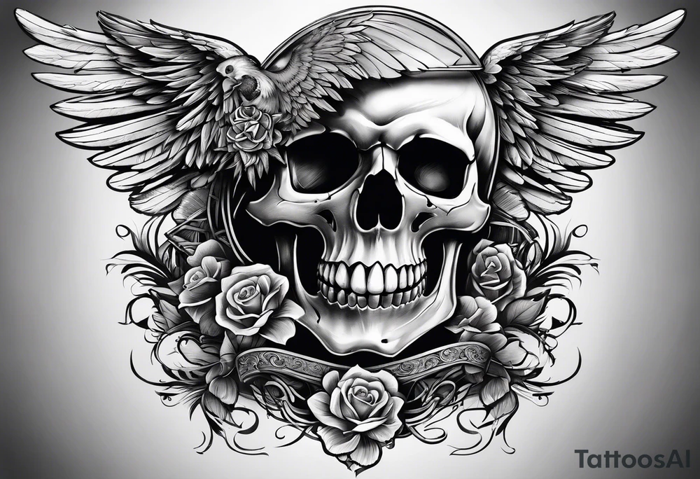 chest skull and wings tattoo idea