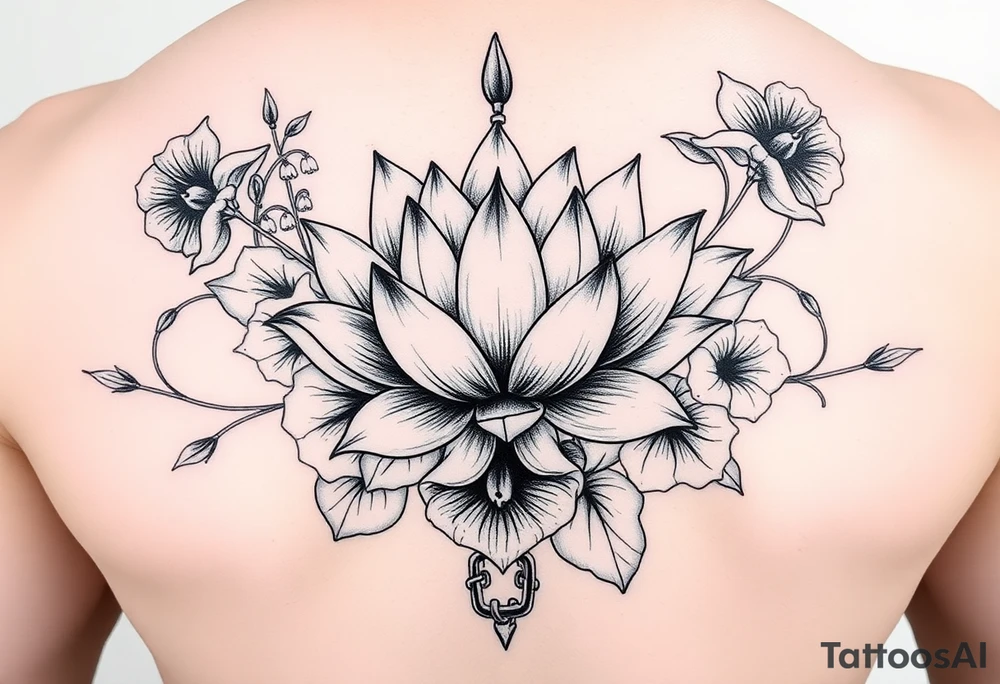 Lotus surrounded by Lilly of the valley, iris, and morning glory flowers. A heart chain and chain link weaved through whole tattoo tattoo idea