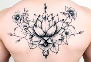Lotus surrounded by Lilly of the valley, iris, and morning glory flowers. A heart chain and chain link weaved through whole tattoo tattoo idea