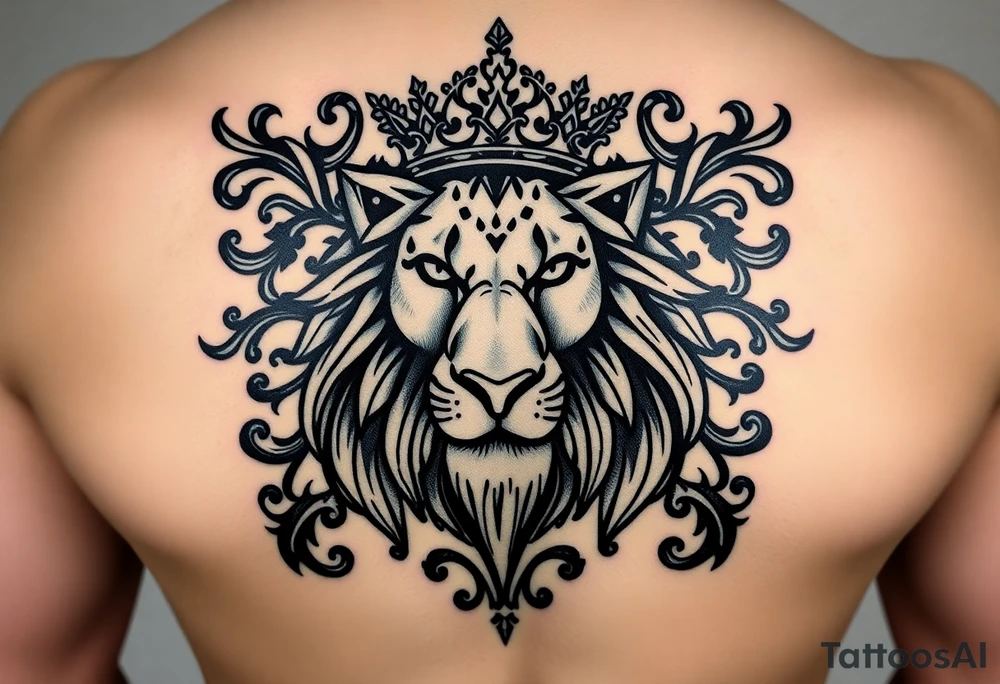 majestic lion wearing ornate crown, surrounded by baroque flourishes yin and yang tattoo idea