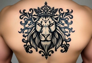 majestic lion wearing ornate crown, surrounded by baroque flourishes yin and yang tattoo idea