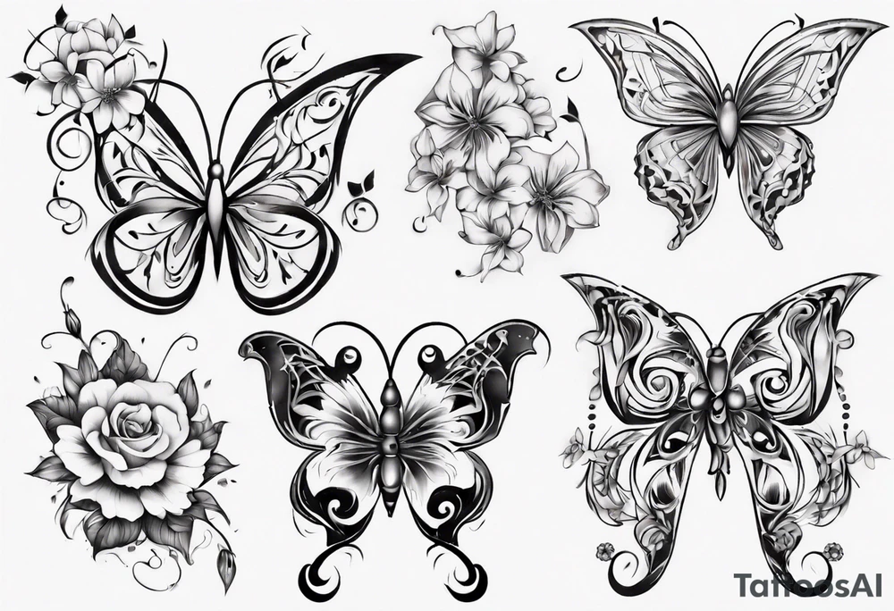 Flower and butterflies thin tattoo which will wrap around ankle horizontally which is larger in the centre tattoo idea