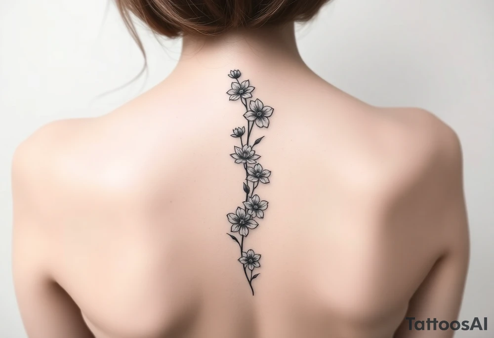 Delicate simple flowers vertically down the spine tattoo idea