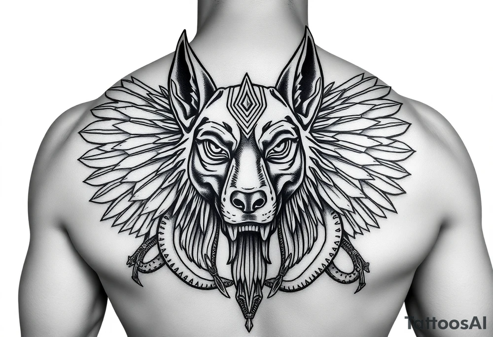 Egyptian Anubis god face muscle in Egypt style dog face surrounded Egyptian symbols and snakes full back tattoo idea