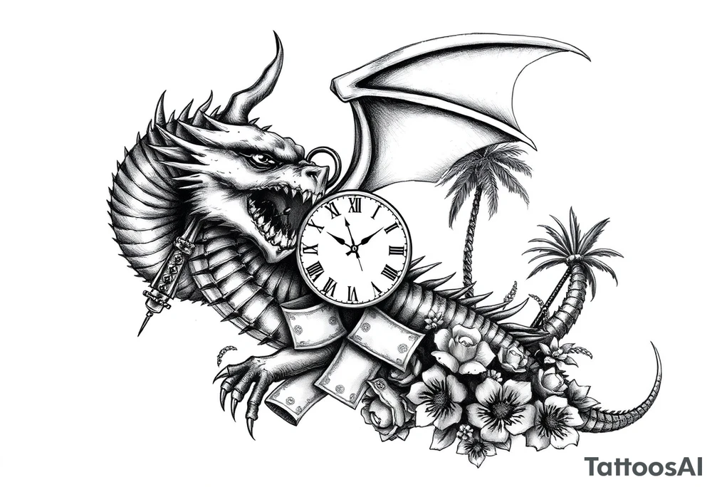 Horror dragon tattoo with clock, dollars and palm tree on background tattoo idea